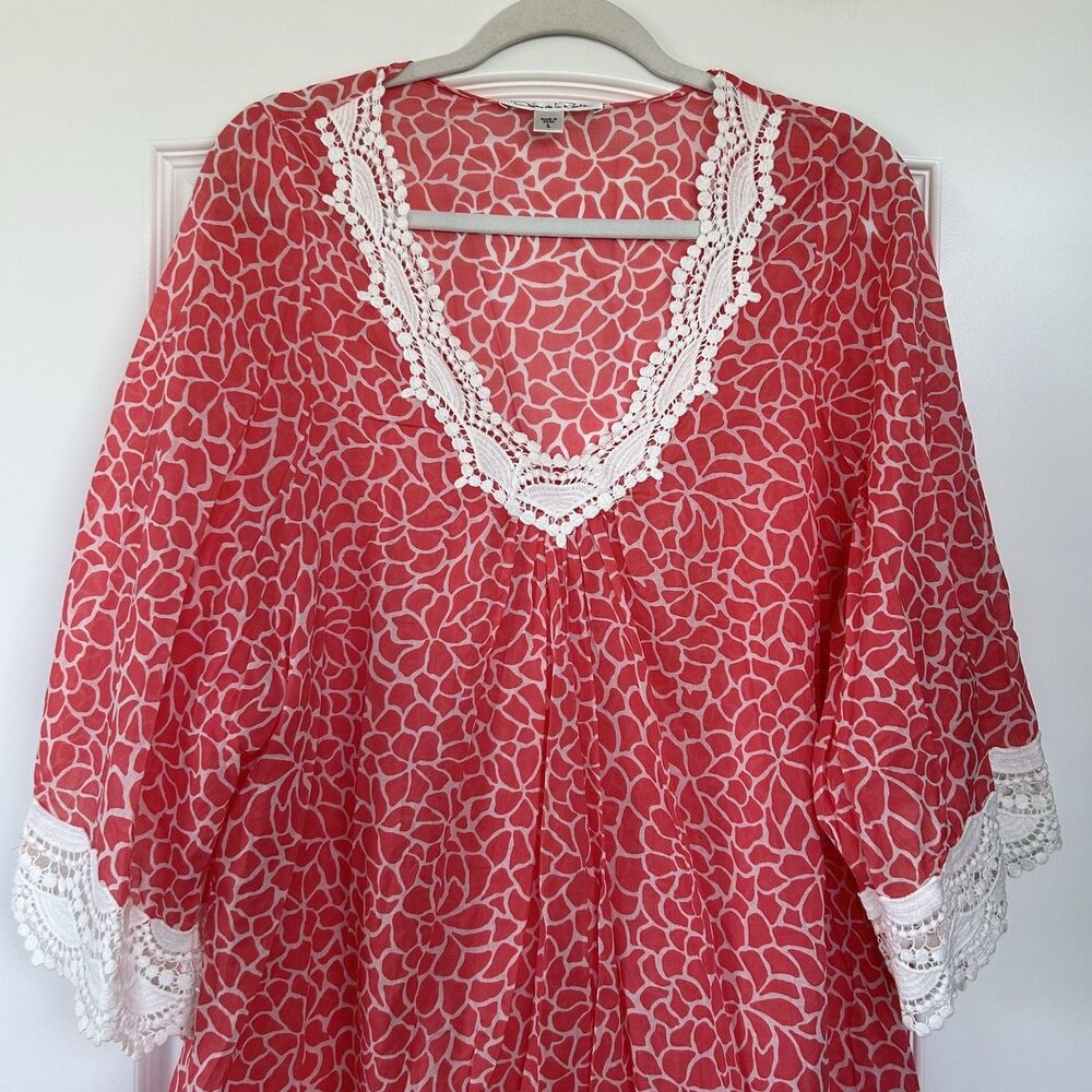 Oscar De La Renta Swimwear Cover Up Size L Oversized Lace Pink And White Coastal